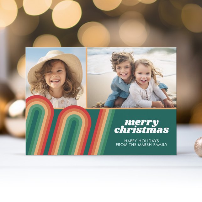 Cartes Pour Fêtes Annuelles Curvy Retro Art Line - 2 Photo - Joyeux Noël (Retro Curvy Line Art - Christmas Card with 2 Photos)