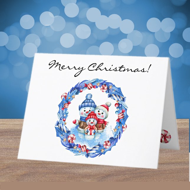 Cartes Pour Fêtes Annuelles Custom, aquarelle Snowman Famille Joyeux Noël (Créateur téléchargé)