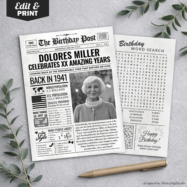 Cartes Pour Fêtes Annuelles Custom Back in 1941 Newspaper Birthday Card, Trend (Custom Back in 1941 Newspaper Birthday Card, Trend Holiday Card)