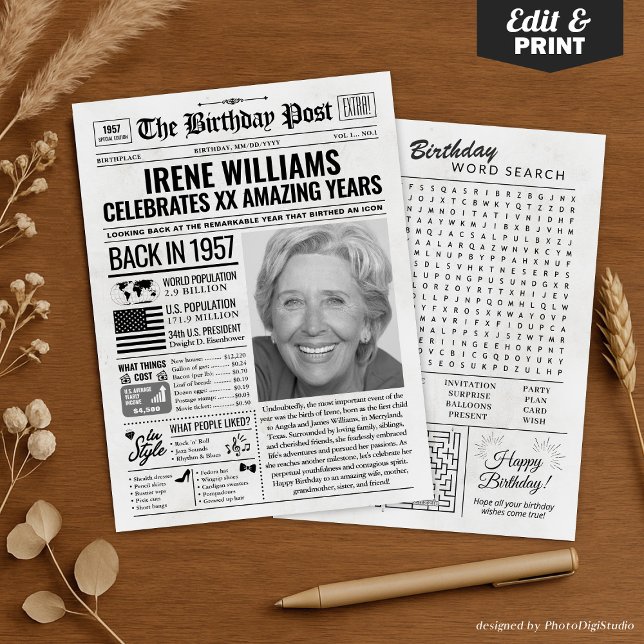 Cartes Pour Fêtes Annuelles Custom Back in 1957 Newspaper Birthday Card, Trend (Custom Back in 1957 Newspaper Birthday Card, Trend Holiday Card)