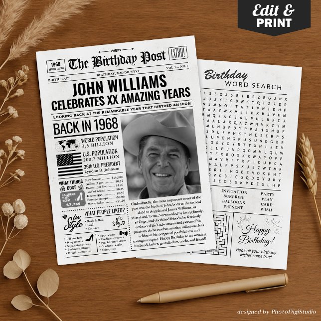 Cartes Pour Fêtes Annuelles Custom Back in 1968 Newspaper Birthday Card, Trend (Custom Back in 1968 Newspaper Birthday Card, Trend Holiday Card)