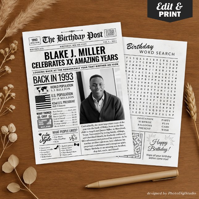 Cartes Pour Fêtes Annuelles Custom Back in 1993 Newspaper Birthday Card, Trend (Custom Back in 1993 Newspaper Birthday Card, Trend Holiday Card)