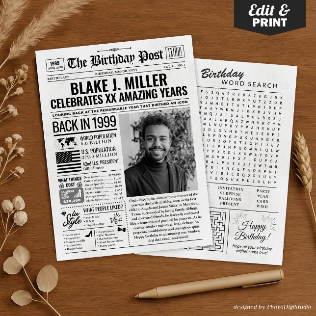Cartes Pour Fêtes Annuelles Custom Back in 1999 Newspaper Birthday Card, Trend (Custom Back in 1999 Newspaper Birthday Card, Trend Holiday Card)