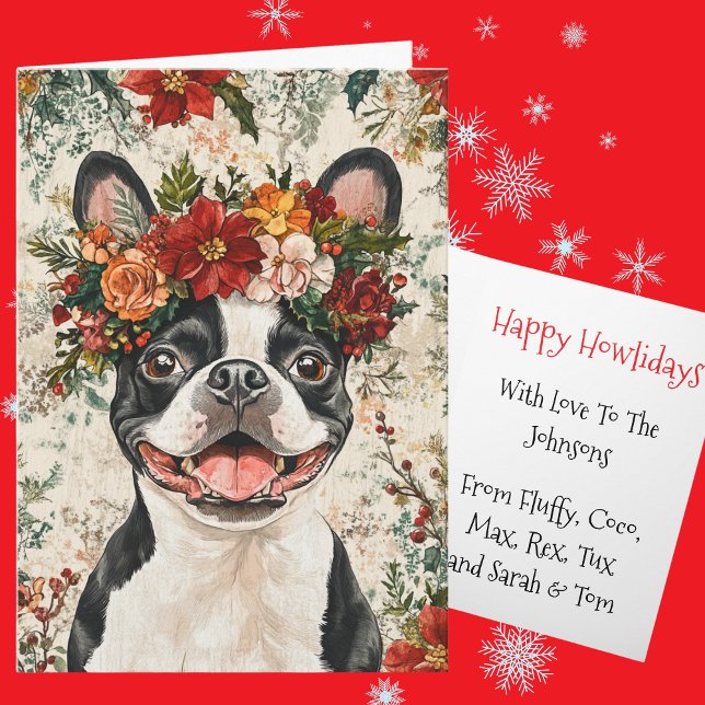 Cartes Pour Fêtes Annuelles Custom Boston Terrier Christmas Floral Crown (Créateur téléchargé)