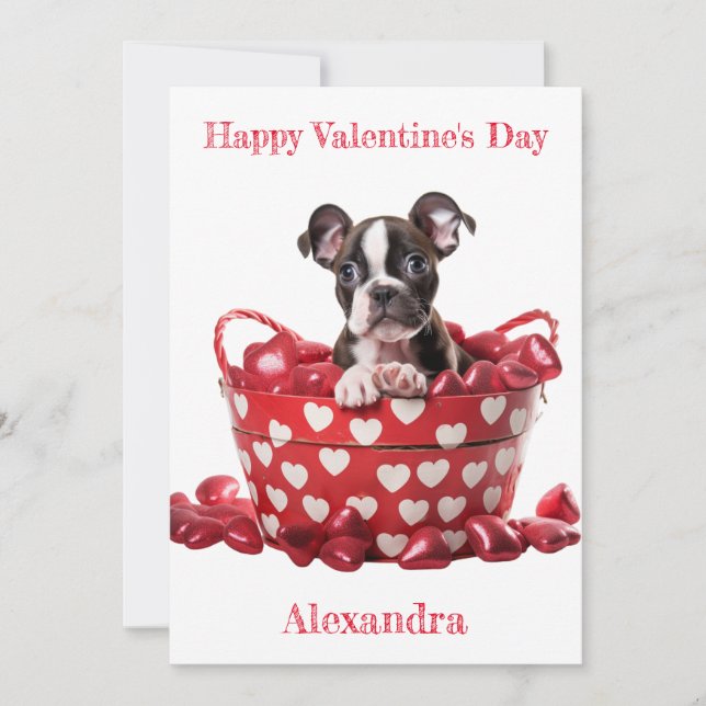 Cartes Pour Fêtes Annuelles Custom Boston Terrier Pup Coeur Panier Valentine (Devant)