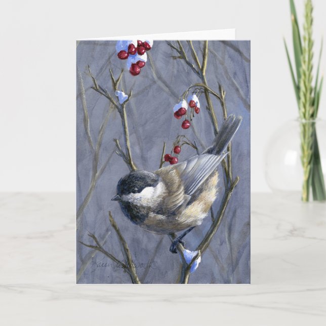 Cartes Pour Fêtes Annuelles Custom Chickadee & Berries - Winter Snow Christmas (Devant)