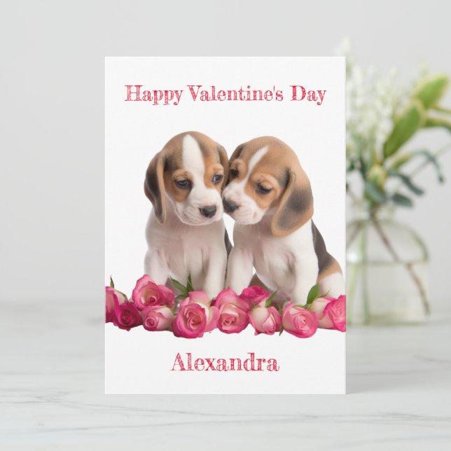 Cartes Pour Fêtes Annuelles Custom Deux Beagles avec Rose Pétales Valentine (Debout devant)