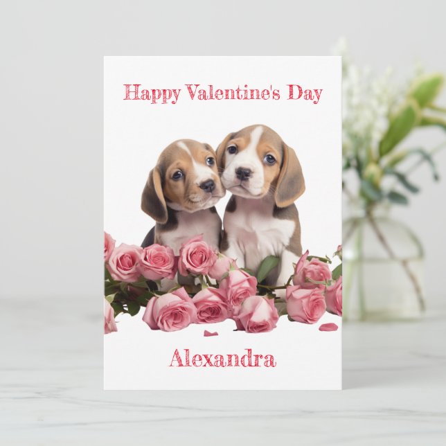 Cartes Pour Fêtes Annuelles Custom Deux Beagles avec Rose Valentine (Debout devant)