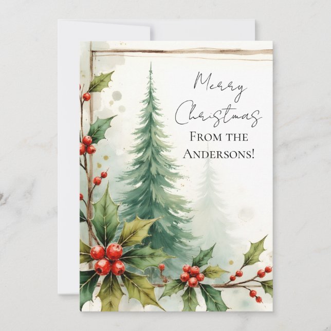 Cartes Pour Fêtes Annuelles Custom Elegant Holly Pine Christmas Card (Devant)