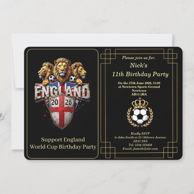 Cartes Pour Fêtes Annuelles Custom England Soccer Team 3 Lions Birthday Invite (Devant)
