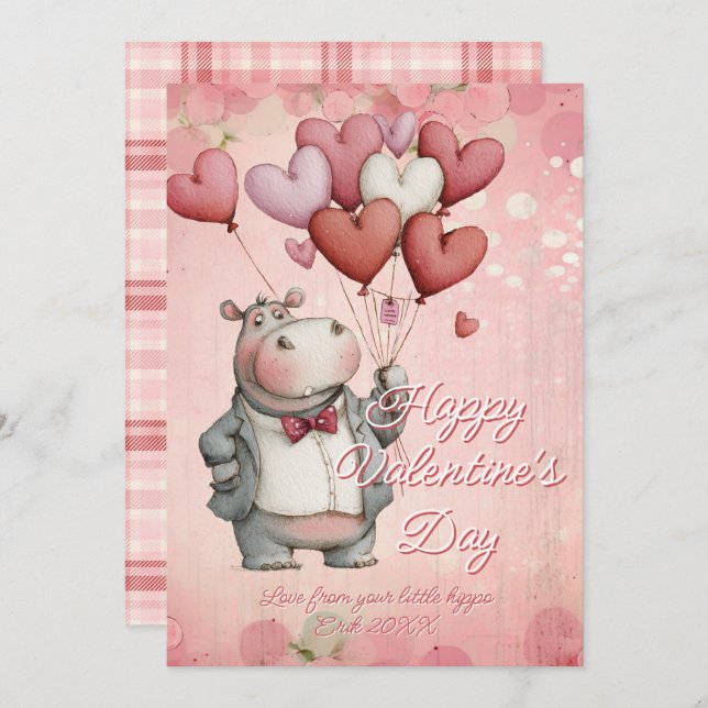 Cartes Pour Fêtes Annuelles Custom Message Hippo Animal Valentines Day (Devant / Derrière)