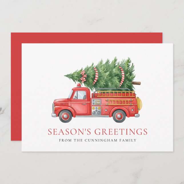 Cartes Pour Fêtes Annuelles Custom Modern Firefighter Christmas Fire Truck  (Devant / Derrière)