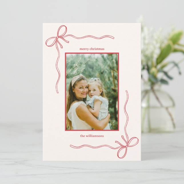 Cartes Pour Fêtes Annuelles Custom Red Bow Family Christmas Photo Letter (Debout devant)