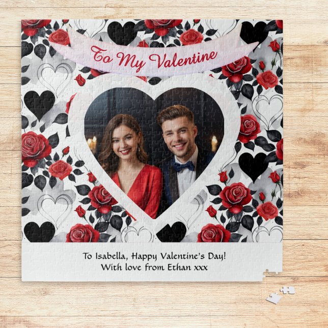 Cartes Pour Fêtes Annuelles Custom Romantic Roses and Hearts Valentine's Day (A romantic jigsaw puzzle for Valentine's Day, with red roses, hearts and custom photo and message)