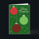 Cartes Pour Fêtes Annuelles Custom Text Red and Green Pickleball Ornaments<br><div class="desc">Both the message on the front and the inside of this holiday card can be customized with your own text. This card features some pickleballs disguised as Christmas ornaments. My pickleball ornament illustrations are in red, light green and maroon against a dark green background illustrated with festive star shapes. There's...</div>
