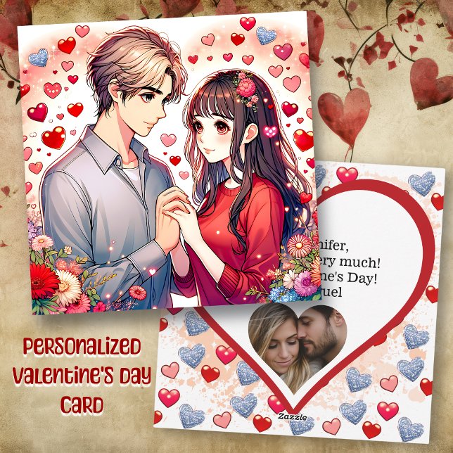 Cartes Pour Fêtes Annuelles Cute Anime Couple Personnalisé Saint Valentin (Créateur téléchargé)