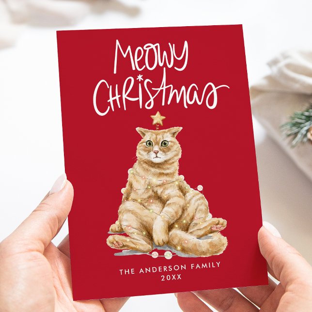 Cartes Pour Fêtes Annuelles Cute Aquarelle Chat Meowy Noël Sans Photo (Créateur téléchargé)