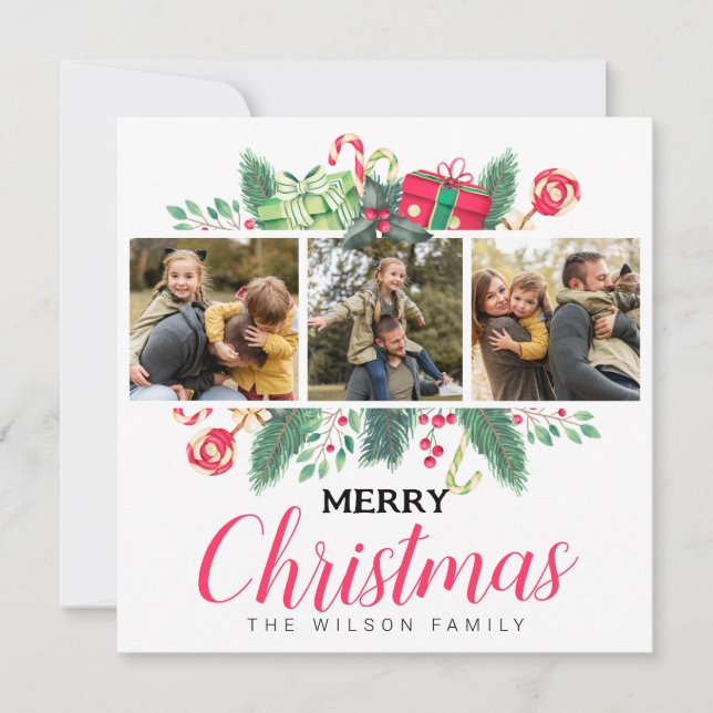 Cartes Pour Fêtes Annuelles Cute Aquarelle Feuilles Joyeux Noël Pics famille (Devant)