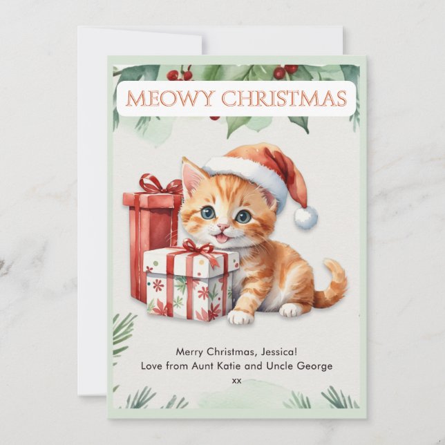 Cartes Pour Fêtes Annuelles Cute Aquarelle Ginger Kitten Personnalisé Noël (Devant)