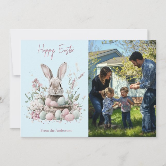 Cartes Pour Fêtes Annuelles Cute aquarelle lapin et Oeuf de Pâques photo flora (Devant)