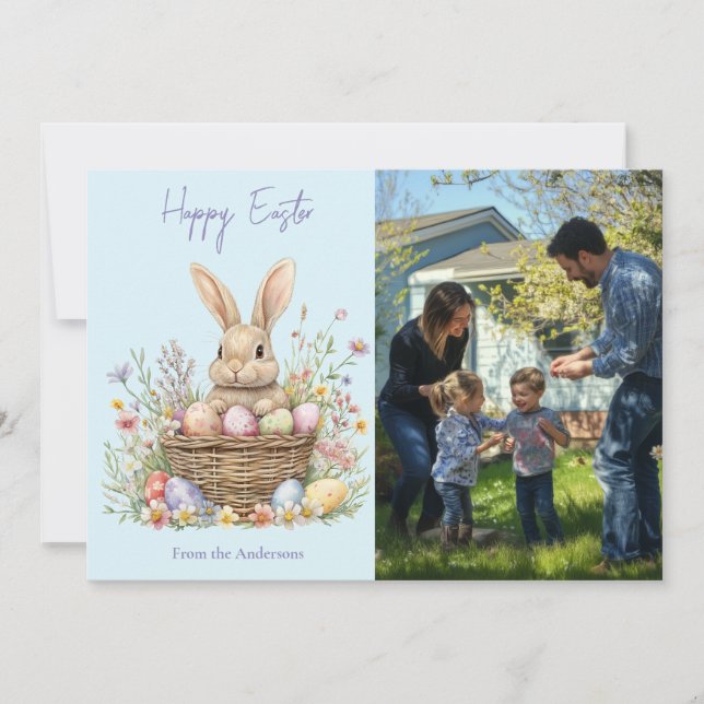 Cartes Pour Fêtes Annuelles Cute aquarelle lapin et Oeuf de Pâques photo flora (Devant)