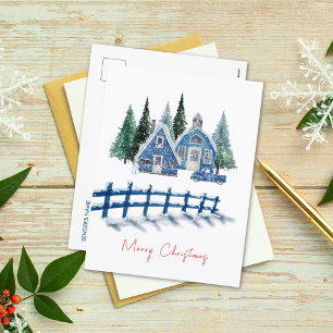 Cartes Pour Fêtes Annuelles Cute aquarelle Maison Bleue Voiture Joyeux Noël