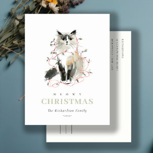 Cartes Pour Fêtes Annuelles Cute Aquarelle Moderne Meowy Feux de Noël Chat