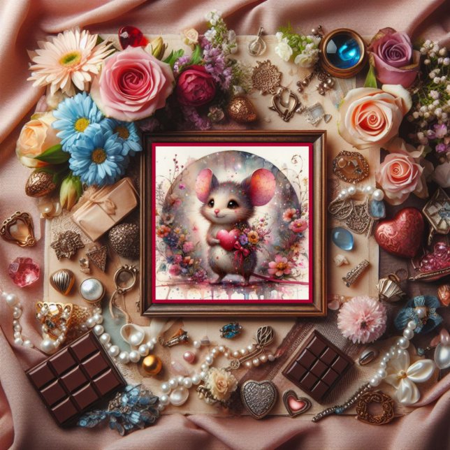 Cartes Pour Fêtes Annuelles Cute Aquarelle Souris Rouge Coeur Floral Valentine (Créateur téléchargé)