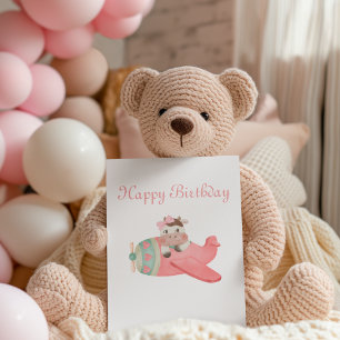 Cartes Pour Fêtes Annuelles Cute aquarelle vache et avion Whimsday