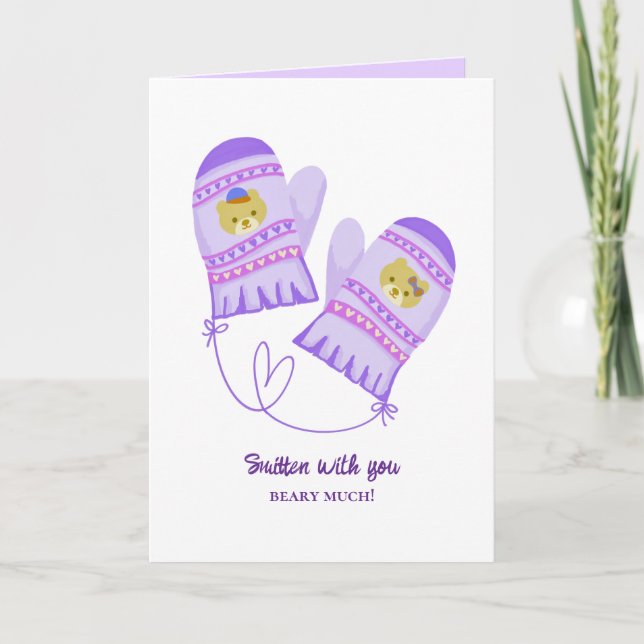 Cartes Pour Fêtes Annuelles Cute Bear Love Purple Mittens Valentine's Day Card (Devant)