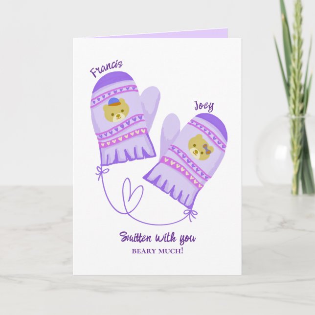 Cartes Pour Fêtes Annuelles Cute Bear Purple Mittens Custom Valentine’s Day  (Devant)