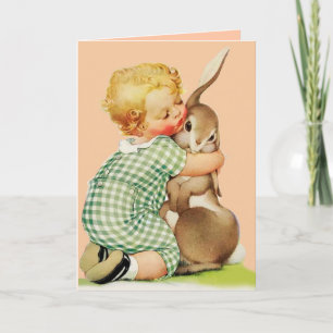Cartes Pour Fêtes Annuelles CUTE BÉBÉ HUGGING RABBIT, Anniversaire rose