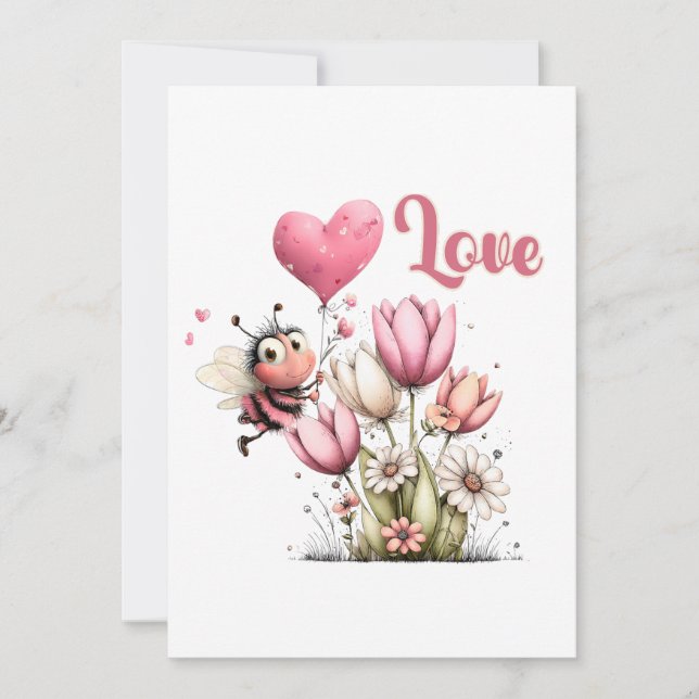 Cartes Pour Fêtes Annuelles Cute Bee Amour Cœur & Floral  (Devant)