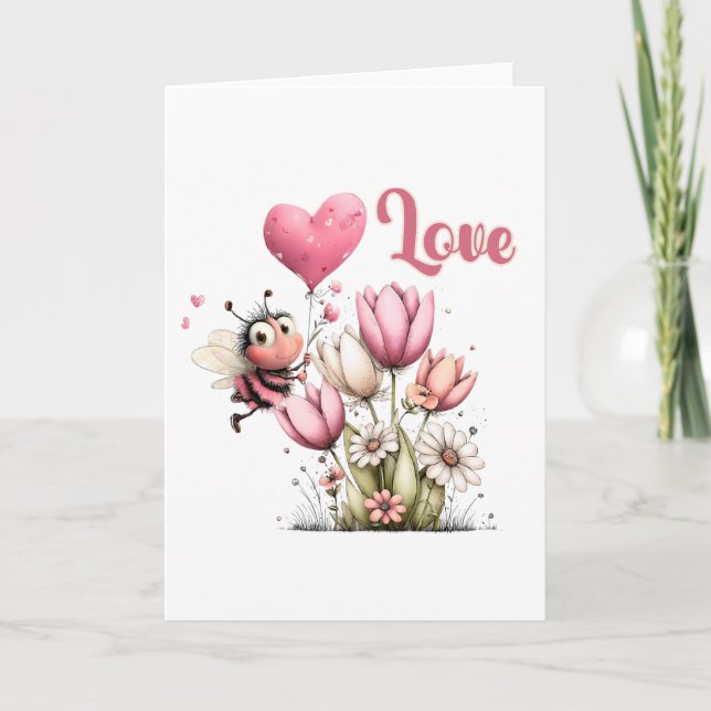 Cartes Pour Fêtes Annuelles Cute Bee Amour Cœur & Floral  (Devant)