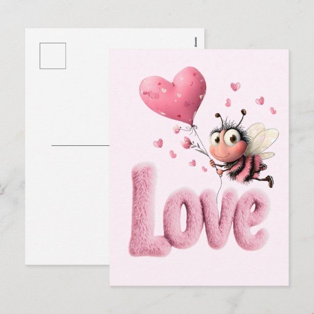 Cartes Pour Fêtes Annuelles Cute Bee Fluffy Pink Love Heart Balloon Design (Devant / Derrière)