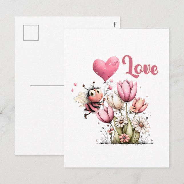 Cartes Pour Fêtes Annuelles Cute Bee Love Heart & Floral  (Devant / Derrière)