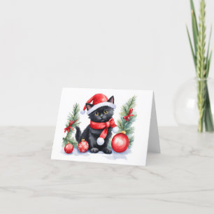 Cartes Pour Fêtes Annuelles Cute Black Père Noël Kitten avec des boules de Noë