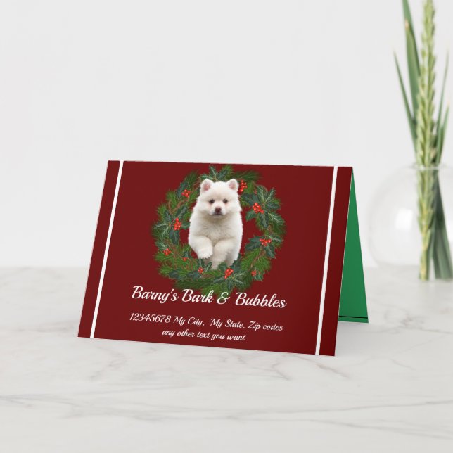 Cartes Pour Fêtes Annuelles Cute Blanc Poméranien Chien wreath Jour (Devant)