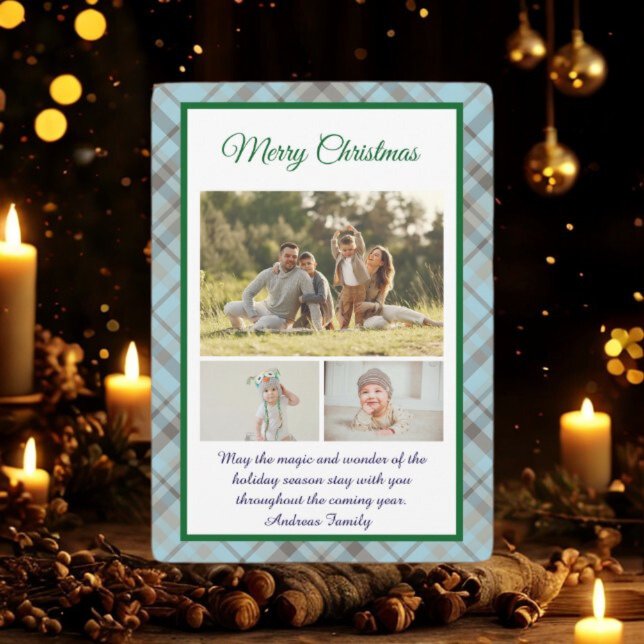 Cartes Pour Fêtes Annuelles Cute Blue Plaid Portrait Photo Christmas  (Créateur téléchargé)