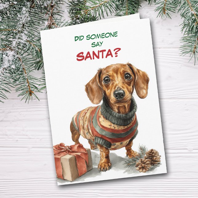 Cartes Pour Fêtes Annuelles Cute Brown Dachshund Dog Looks for Santa (Créateur téléchargé)