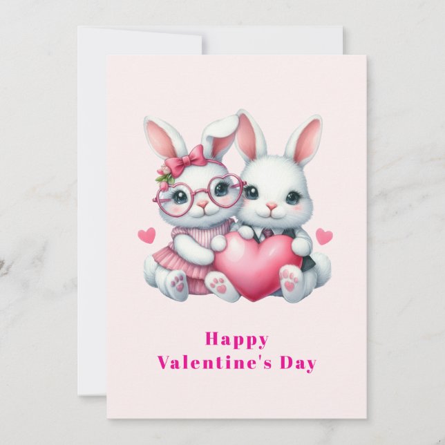 Cartes Pour Fêtes Annuelles Cute Bunnies Sharing a Heart Valentine's (Devant)