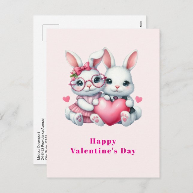 Cartes Pour Fêtes Annuelles Cute Bunnies Sharing a Heart Valentine's Day (Devant / Derrière)