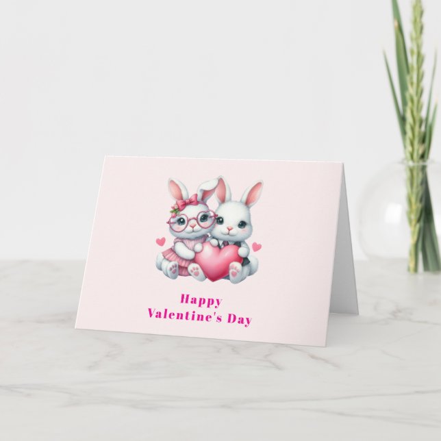 Cartes Pour Fêtes Annuelles Cute Bunnies Sharing a Heart Valentine's Day (Devant)
