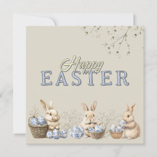 Cartes Pour Fêtes Annuelles Cute Bunnies & Toile Bleu Oeufs de Pâques