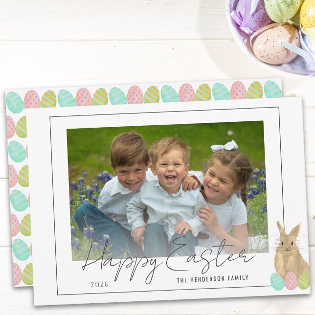 Cartes Pour Fêtes Annuelles Cute Bunny Happy Easter Photo (Watercolor Easter bunny and eggs happy Easter photo holiday flat card)