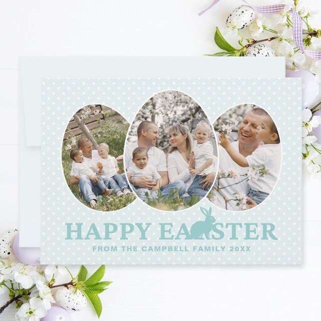 Cartes Pour Fêtes Annuelles Cute Bunny Pastel Turquoise Forme d'oeuf Pâques Ph (Easter family photo collage card with egg-shaped photo frames, pastel turquoise text and bunny.)