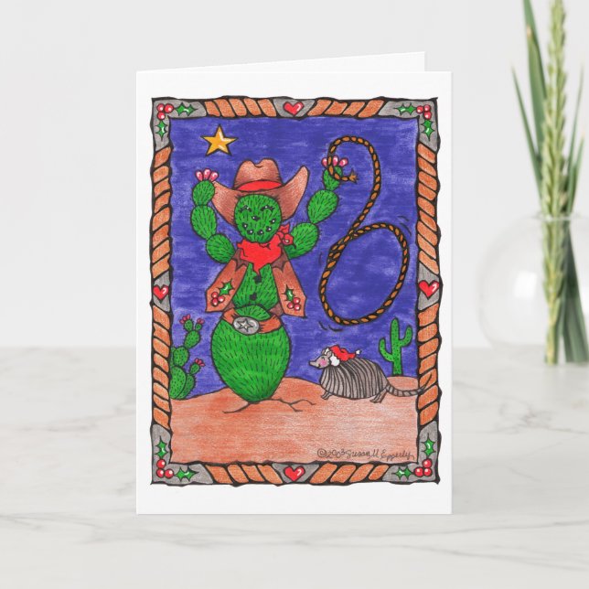 Cartes Pour Fêtes Annuelles Cute Cactus Cowboy Armadillo Texas Noël (Devant)