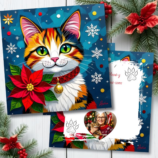 Cartes Pour Fêtes Annuelles Cute Calico Cat with Poinsettias Custom Christmas (Créateur téléchargé)