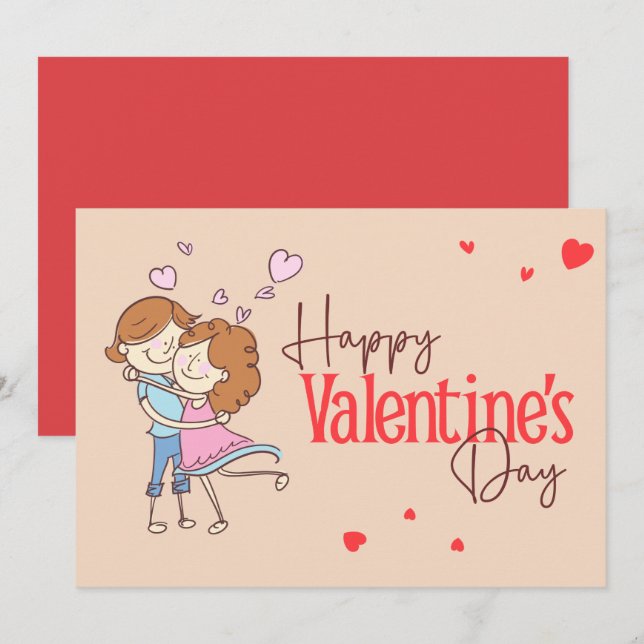 Cartes Pour Fêtes Annuelles Cute Cartoon Couple Hugging Happy Valentine's Day  (Devant / Derrière)