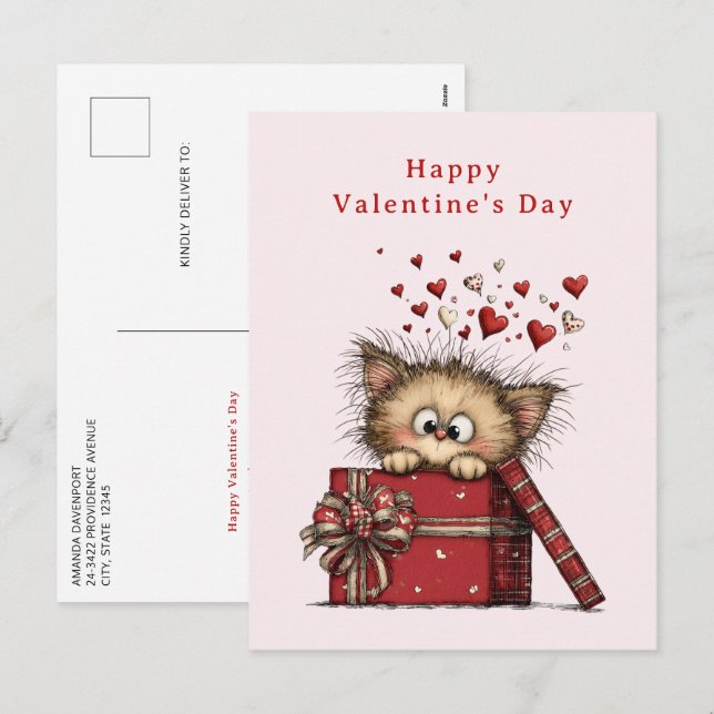 Cartes Pour Fêtes Annuelles Cute Cartoon Kitten with Hearts Valentine's Day (Devant / Derrière)